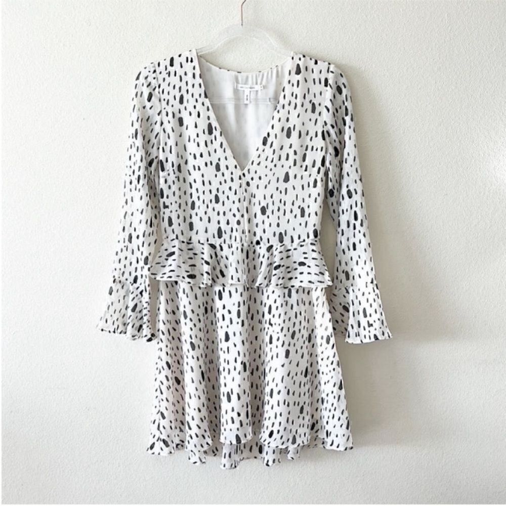 Avec Les Filles Long Sleeve VNeck Mini Dress Ruffled Peplum Waist